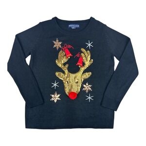 Bristol Club Womens Black Sequin Reindeer Holiday Christmas Sweater Large Bells